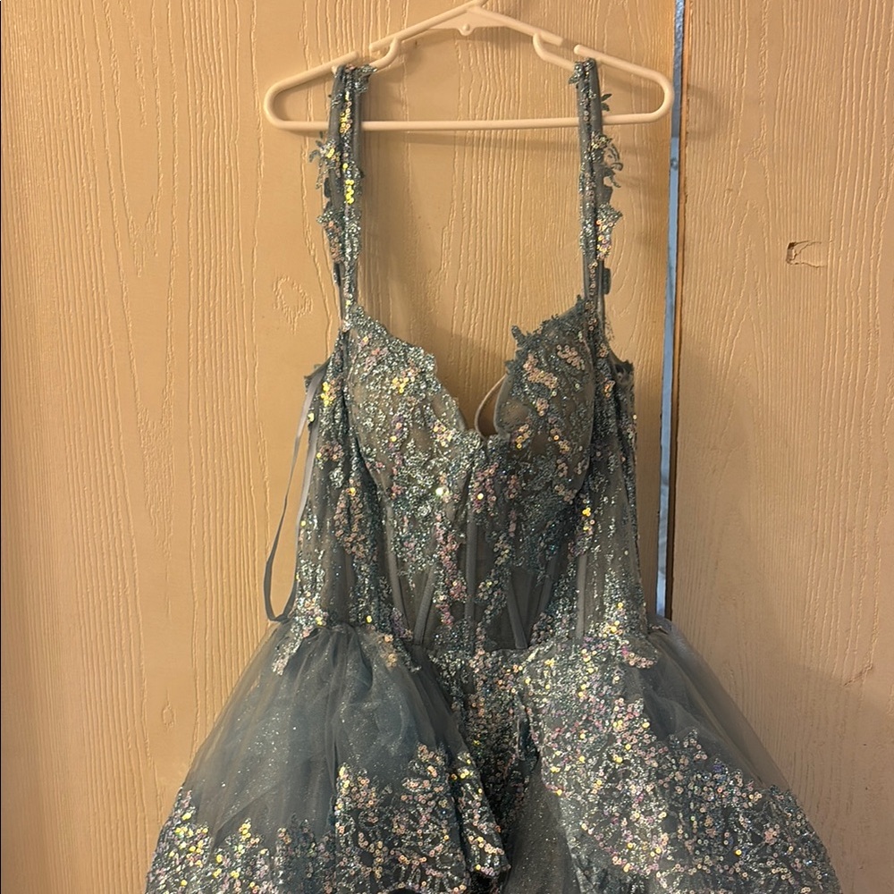 Blue Prom Dress with Silver Embellishments and Lace